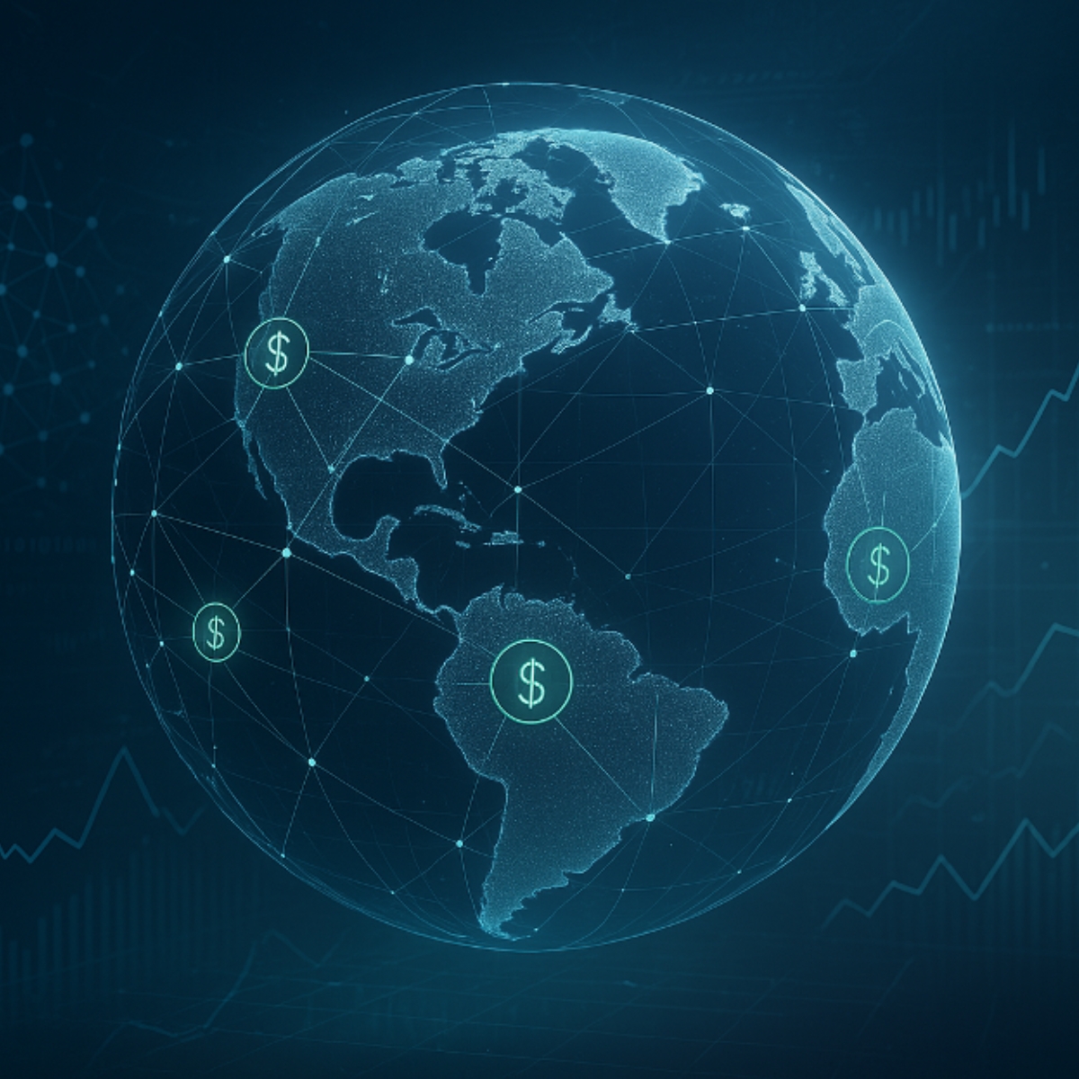 dark blue globe on a dark blue background with dollar symbols.