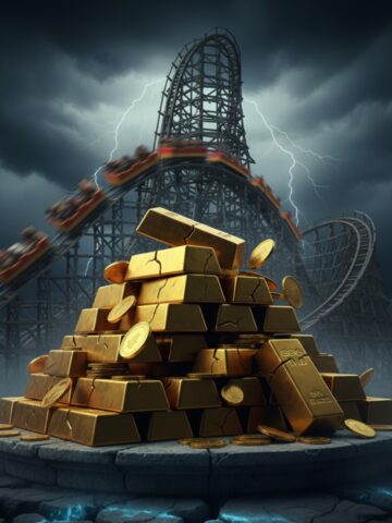 bricks of gold in front of a roller coaster.